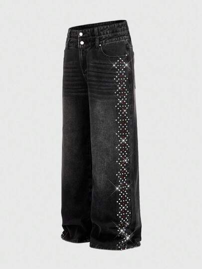 Street Life Jeans de corte holgado con cinturón de diamantes de colores para hombre