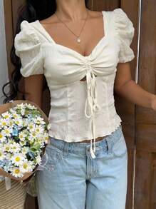 Sunnyshic 女士休闲衬衫，褶皱面料，褶皱设计，正面系蝴蝶结 - 杏色 - 查看 3