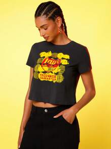 Lay's X SHEIN Women's Black Letter Graphic Round Neck Short Sleeve T-Shirt - Grey - View 7