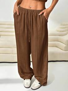 Solflare 女式加大码宽松编织咖啡棕色裤子 - 咖啡棕 - 查看 4