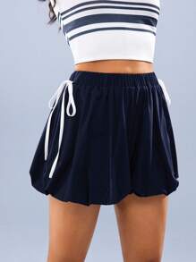 Hanevo Women's Summer Casual Elastic Waist Contrast Side Knot Bud Shorts