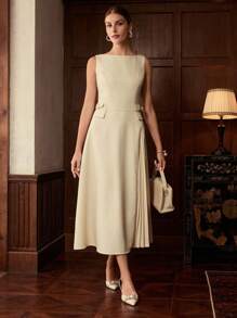 ZEYLAH Round Neck Sleeveless Pleated Patchwork Jacquard Elegant Dress - Apricot - View 5