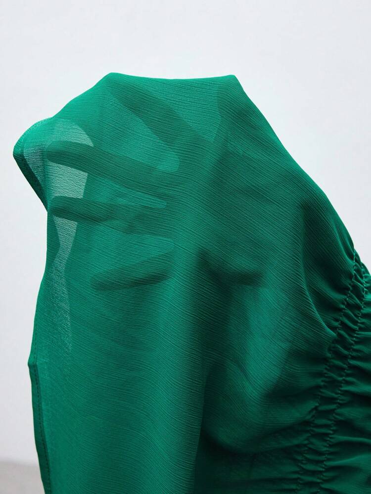 SHEIN Maija 보헤미안 휴가 스타일 오프 숄더 플리츠 엣지 녹색 쉬폰 소재 여성 미니 드레스, 봄/여름