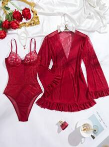 SHEIN 2pcs/Set Women Sexy Lace Patchwork Lingerie Set - Burgundy - View 6