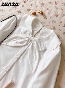 1 件青少年女孩不对称领套头衫长袖白色休闲校服衬衫，秋季 - 白色 - 查看 3