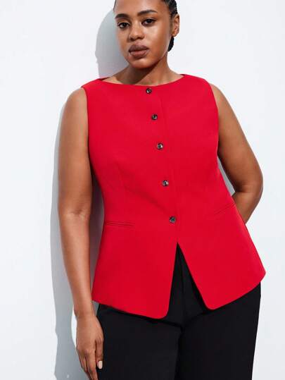 Maija 加大码纯色前扣无袖上衣和口袋阔腿裤优雅红色优雅套装