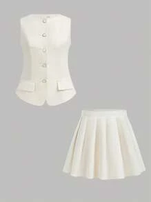 SHEIN 少女休闲简约舒适拉链上衣和百褶迷你裙套装