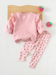 Cozy Pixies 2件套女婴草莓图案柔软针织圆领长袖运动衫和松紧腰裤套装 - 彩色 - 查看 2