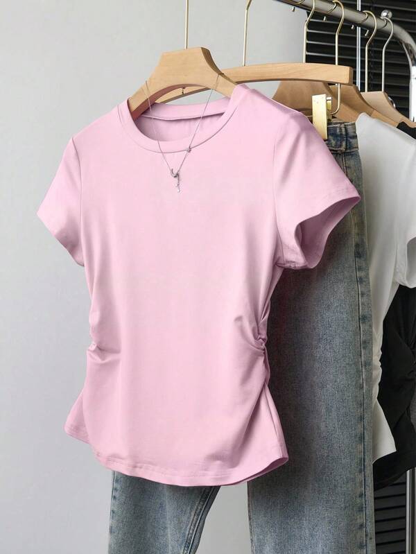 INAWLY Damen große Größen Lässig Rundhals Kurzarm Plissee T-Shirt, Sommer