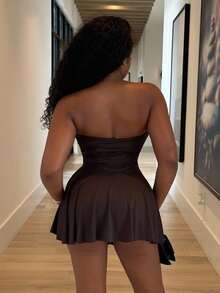 Alexandranx Women's Summer Fashion Minimalist Solid Color Bandeau Dress - Coffee Brown - View 2