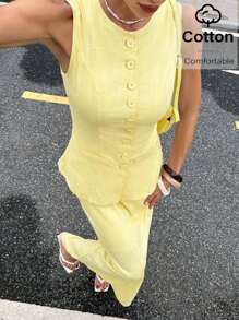 Siren Gaze 女教师商务休闲装，奶油黄色夏季女教师商务休闲装，返校季女装，复古风女式休闲套装，优雅纯色圆领修身背心、裤子和裙子套装。 - 黃色 - 查看 6