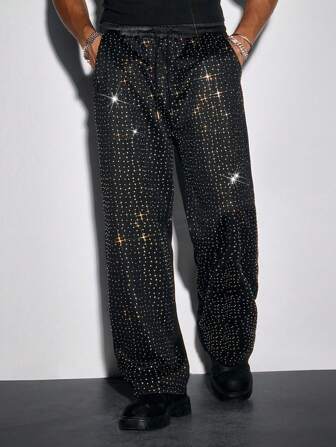 Street Life Pantalon de jogging droit pour hommes avec design de strass scintillants, convient pour un port quotidien en automne et en hiver