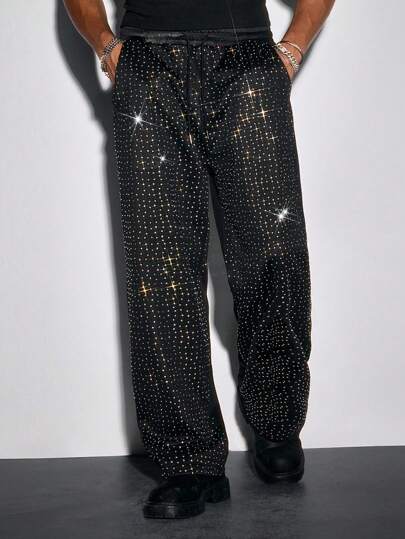 Street Life Men's Straight Sweatpants With Sparkling Rhinestone Design
