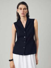 Uhlyne 优雅时尚基础款轻盈舒适新款短款纯色简约通勤纽扣褶皱亚麻复古收腰修身马甲，适合秋季、极简主义、商务休闲、度假、工作、教师、返校、秋季穿着，尽显老钱风范。 - 黑色 - 查看 6