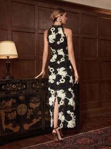 ZEYLAH 双色立体花朵蕾丝边开衩后背挂脖连衣裙 秋冬 - 黑色 - 查看 3