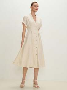 BizChic 2025年夏季新款V领优雅淑女连衣裙，适合音乐节派对、婚礼嘉宾、早午餐、休闲、通勤、约会、毕业、百搭春夏 - 米色 - 查看 7