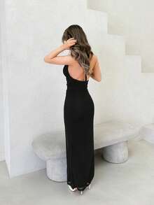 Jemour 女士纯色网眼吊带低胸优雅连衣裙、派对/假日宽松及踝长连衣裙 - 黑色 - 查看 2