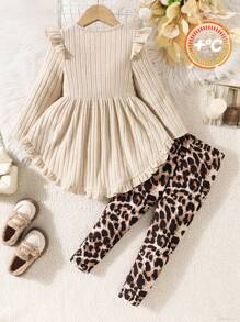 SHEIN 年轻女孩 2 件套针织纯色圆领拼接豹纹蝴蝶结和豹纹裤套装 - 彩色 - 查看 6