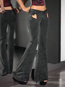 Jeanoix Women's Denim Super Low Rise Heart Cutout Flare Pants