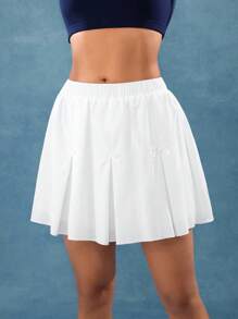 Hanevo Women's Solid Color Elastic Waist Bow Decor Pleat Skirt, Fashionable - White - View 4