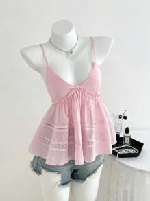 Elamini 女式夏季休闲蕾丝边娃娃领吊带上衣 - 粉色 - 查看 4