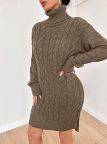 EURMUSE Cotton Mid-Length Women Knit Top With Complex Floral Knitting, Foldover Neckline, Belted Waist And Asymmetrical Hem,Jumper,Cream Jumper,Jumpers,Black Jumper,Women's Jumper,White Jumper,Women's Jumper,Women's Jumpers,Winter Clothes - Mocha Brown - View 5