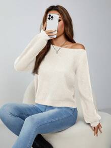 SHEIN PETITE 斜肩坑条纹套头衫女式毛衣 - 米色 - 查看 7