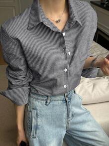 DAZY 女士休闲宽松简约条纹长袖衬衫，百搭日常穿着，秋季女装 - 藏蓝色 - 查看 8