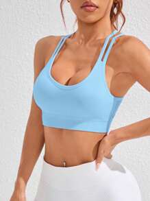 Gameset SHEIN Sport 女士纯色交叉后背无缝运动瑜伽文胸 - 淺藍色 - 查看 2