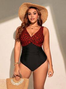 Plus Size Colorblock Print Patchwork One-Piece Swimsuit For Summer Beach Vacation - Multicolor - View 3