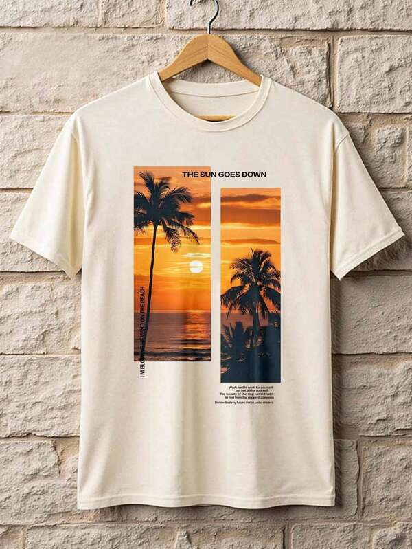 Manfinity Dauomo Tricou cu slogan și imprimeu tropical pentru bărbați