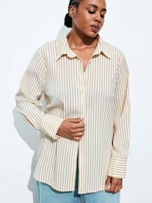 Maija 大码米色条纹休闲百搭商务通勤长袖衬衫秋季女装秋装返校服装返校节朴素复古服装女装老钱女士教师浪漫、时尚、百搭；舒适、时尚、优雅、休闲、简约日常穿着、必备、纯色、假日休闲、得体、单身女士、优雅时尚商务休闲女装外出上衣毕业教师女士秋季女装秋装大码秋季女装秋装返校服装返校节女士冬季女士冬季 - 彩色 - 查看 4