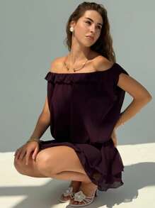 Aloruh Date Night Outfits Women Eggplant Purple Women's Vacation Cute & Sexy Daily Wear Chiffon Off Shoulder Mini Dress - Red Violet - View 2