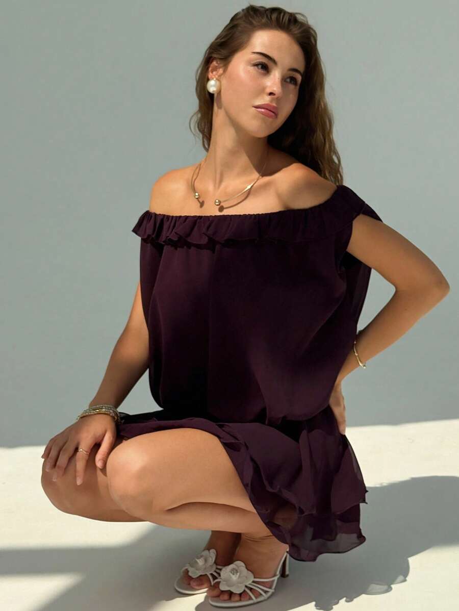 Aloruh Date Night Outfits Women Eggplant Purple Women's Vacation Cute & Sexy Daily Wear Chiffon Off Shoulder Mini Dress