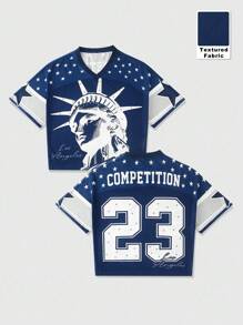 ROMWE MEN Street Life 男士字母和图案印花 V 领短袖休闲 T 恤，夏季 - 彩色 - 查看 3