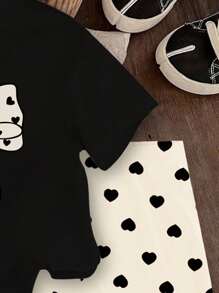 GraphicGems Baby Girls Polka Dot Bow Pattern Round Neck Short Sleeve Black T-Shirt And Heart Print Knitted Tight Shorts Set Baby Girl Outfit