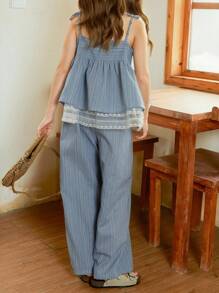 Hapijoa Tween Girls' Vacation Casual Color Block Lace Splice Striped Camisole And Pants Set