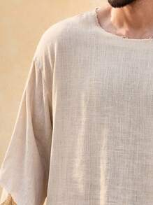 EASEVO Plus Size Men's Casual Woven 7/8 Sleeve Round Neck T-Shirt, Suitable For Summer
