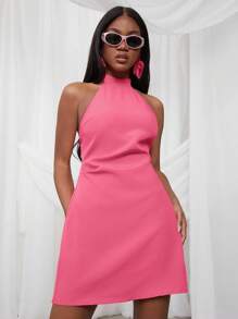NYA SZN Dress Spring Mock Neck Halter Fitted Festival Summer Mini Dress Gyaru Vacation Graduation Old Money Wedding Guest Special Occasion Bridal Dinner Prom Carnival Outfits For Women - Hot Pink - View 5