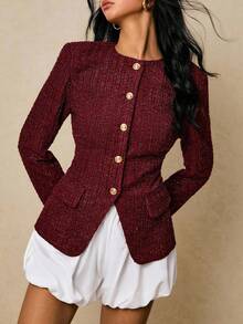 Poéselle 女士酒红色圆领长袖亮面单排扣优雅粗花呢大衣，秋冬款 - 紅色 - 查看 6