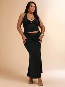 SHEIN BAE Conjunto de 2 piezas de talla grande para mujer, compuesto por top corto de malla tejida con textura 3D con flores y falda lápiz transparente con cintura anudada, ideal para vacaciones, Día de San Valentín, dama de honor, vestido mini blanco, graduación y regreso a la escuela