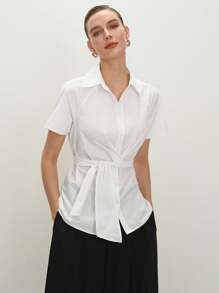 BizChic 2025 年夏季音乐节派对衬衫，适合婚礼宾客、早午餐、都市时尚通勤、日常百搭优雅休闲工作约会毕业衬衫，领带领白色衬衫，女士