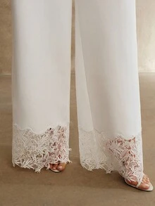 Anewsta Women's High Waist Flowy Lace Embroidery Patchwork Pants, Vacation Style - White - View 4