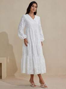 Mulvari 法式优雅纯色刺绣度假连衣裙 - 白色 - 查看 5