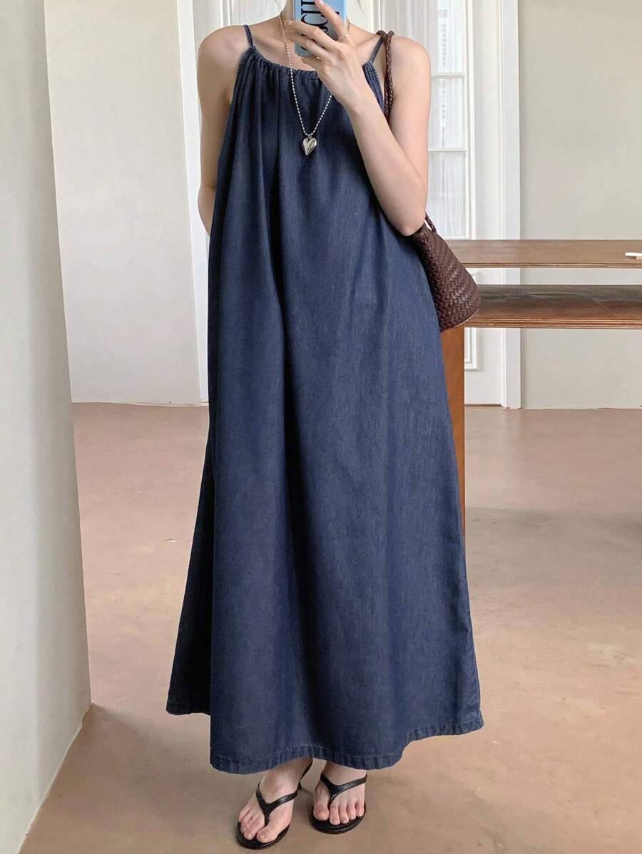 DAZY 女士夏季休闲无袖长款牛仔连衣裤 - 藍色 - 查看 1