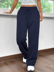 SHEIN EZwear 海军蓝直筒宽松休闲运动裤，适合居家和运动 - 藏蓝色 - 查看 4
