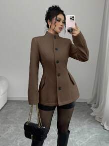 Selianne 女式立领收腰长袖开衫外套，优雅秋冬装