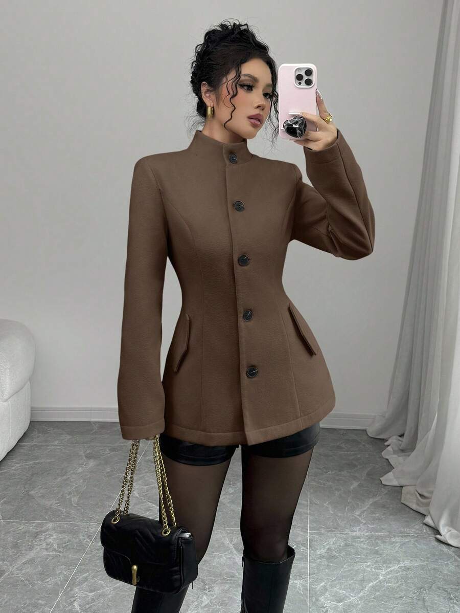 Selianne 女式立领收腰长袖开衫外套，优雅秋冬装