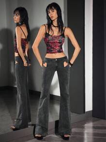 Jeanoix Women's Denim Super Low Rise Heart Cutout Flare Pants