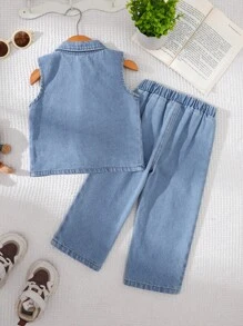 SHEIN 男婴休闲百搭牛仔背心外套+牛仔裤套装，2件套，舒适百搭，适合室内、室外、日常、运动、玩耍、派对、拍照、度假等各种场合，春、夏、秋、冬四季皆宜。男婴牛仔套装，夏季男童服装，男童套装，男婴服装。 - 藍色 - 查看 2